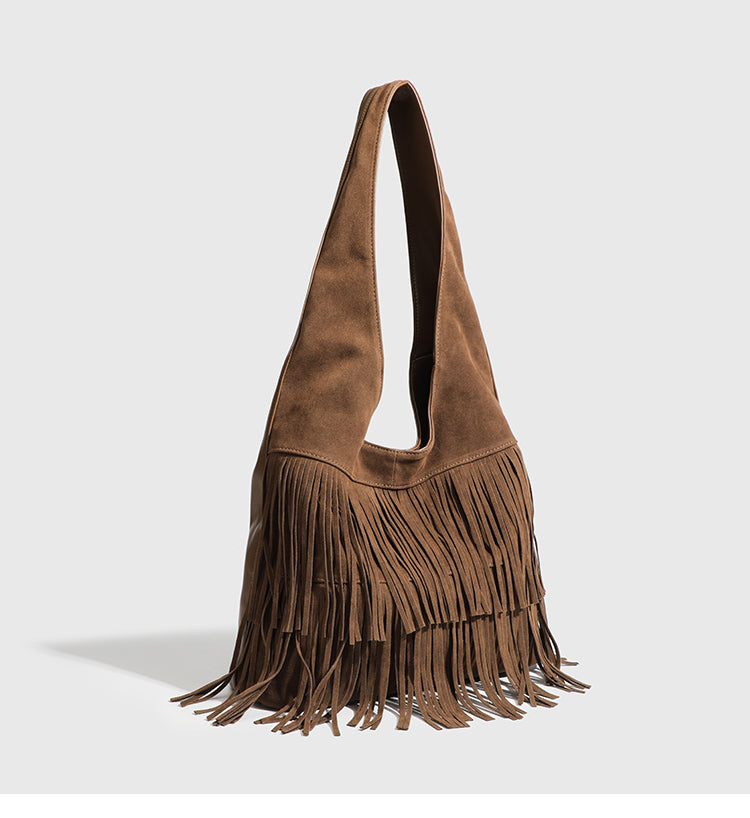 【Leah】 Nubuck leather tassel shoulder bag