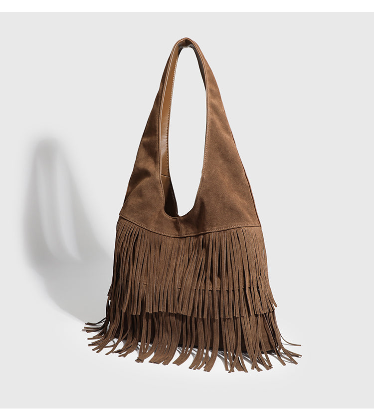 【Leah】 Nubuck leather tassel shoulder bag